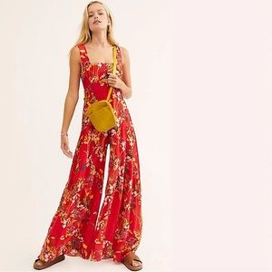 Free People ONE Aloha One Piece Wide Leg Floral Jumpsuit Jumper Red small XS